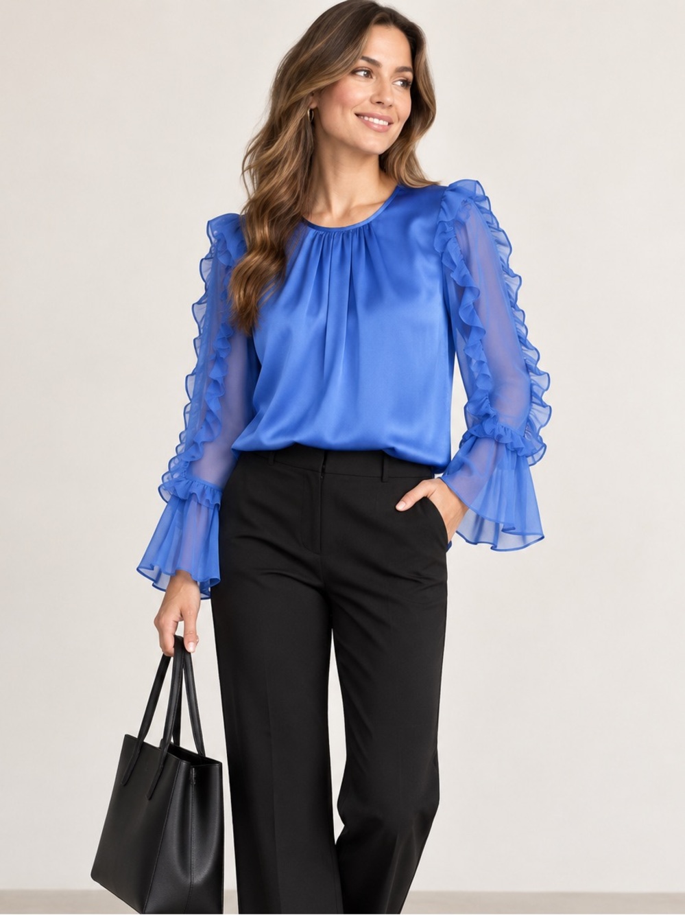French Connection Blue Ruffle Sheer Sleeve Blouse Size M Statement Top